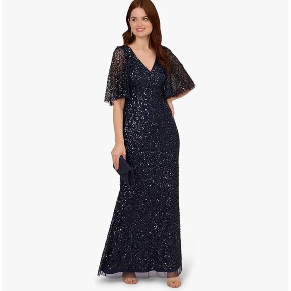 Adrianna Papell Women's Bead Mesh Cape Long Dress (Light Navy, 14) - Picture 3 of 4